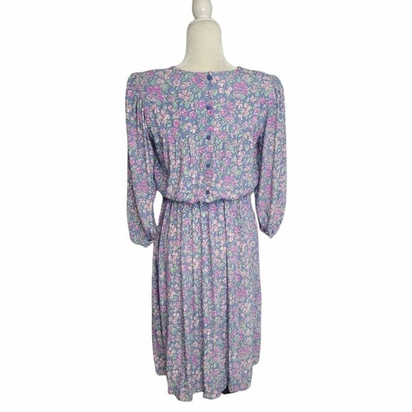 VINTAGE 70s dress blue floral puff sleeve button back rayon S - Picture 3 of 10